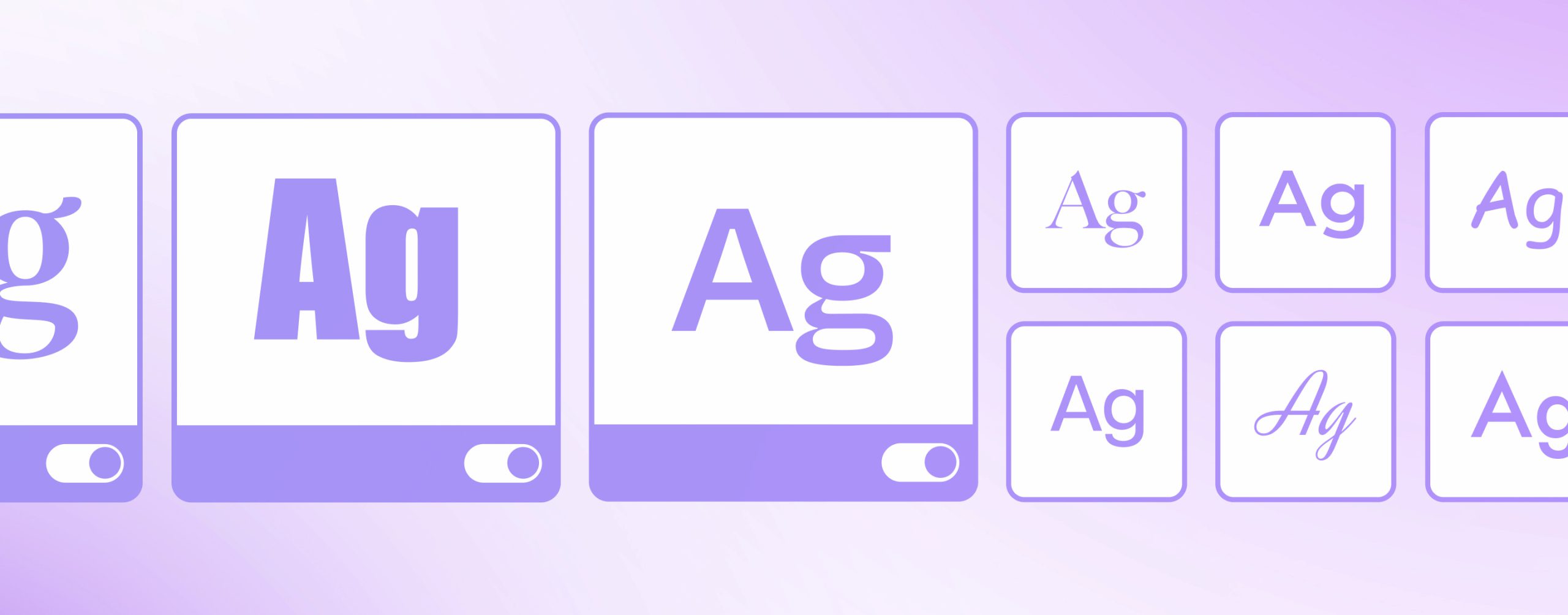A digital illustration displays the letters Ag in various sizes and styles, arranged in overlapping purple and white rectangles on a soft purple gradient background, resembling a font or typography selection interface.