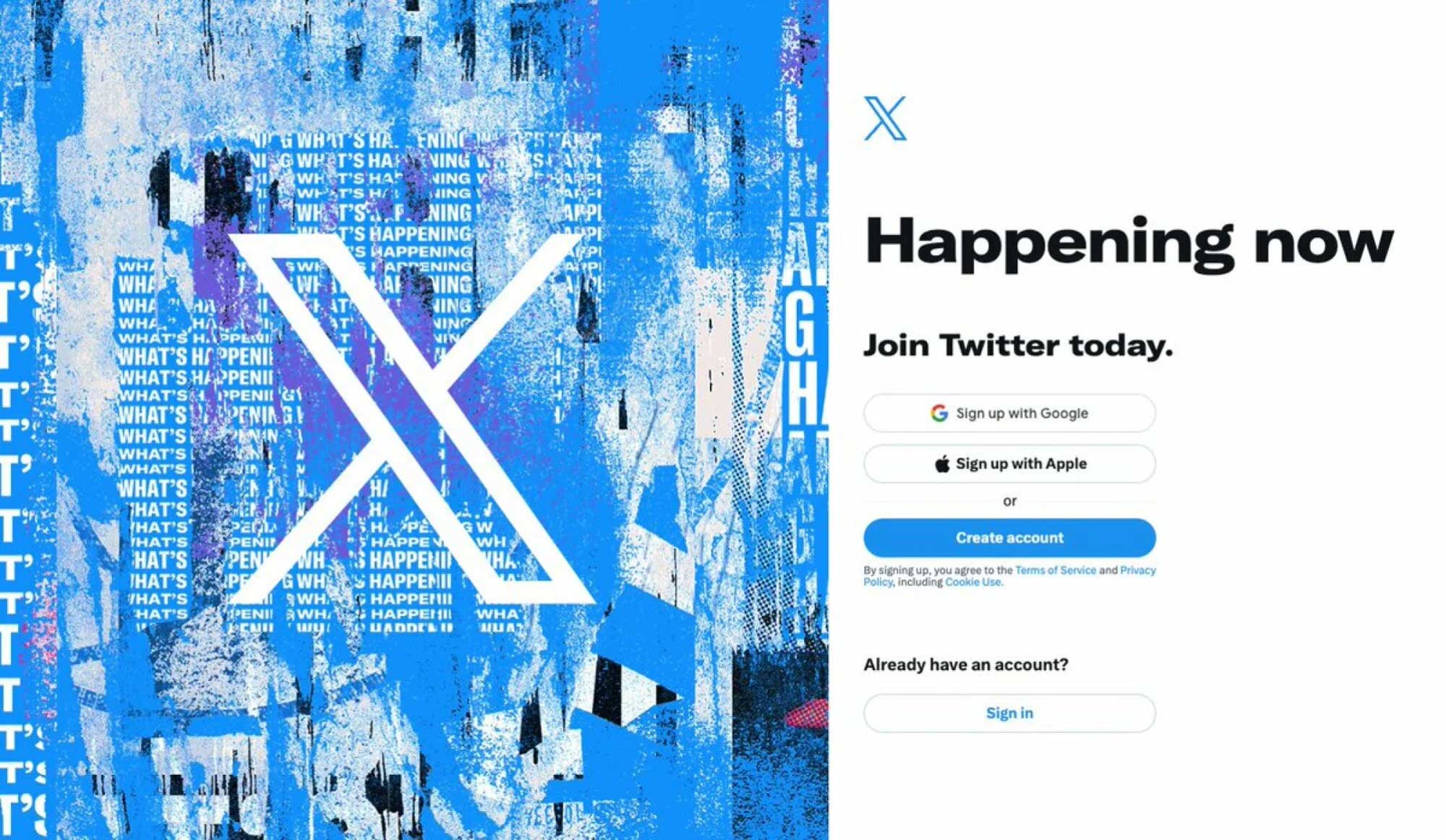 Screenshot of Twitter signup page after rebranding to 'X' saying 'X, happening now. Join Twitter today.'