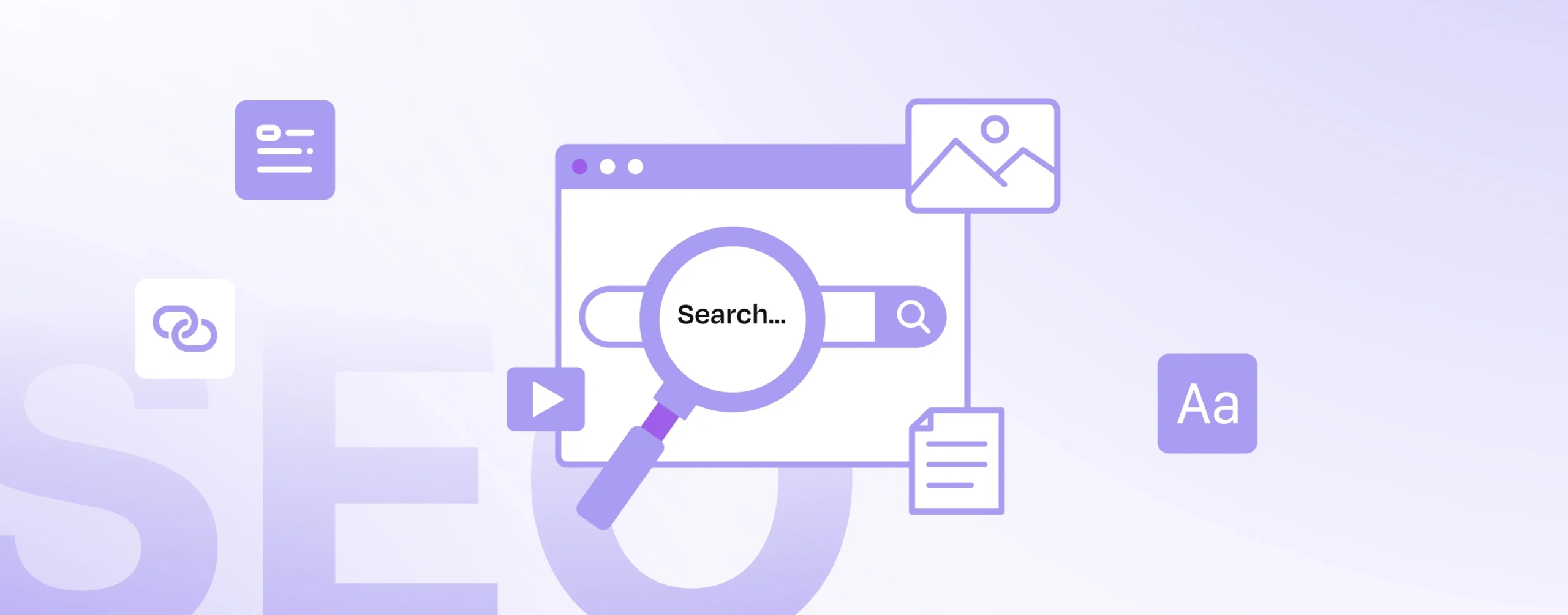Illustration of a web search bar with the word Search and a magnifying glass, surrounded by icons of a picture, document, play button, and text, representing SEO and digital content.
