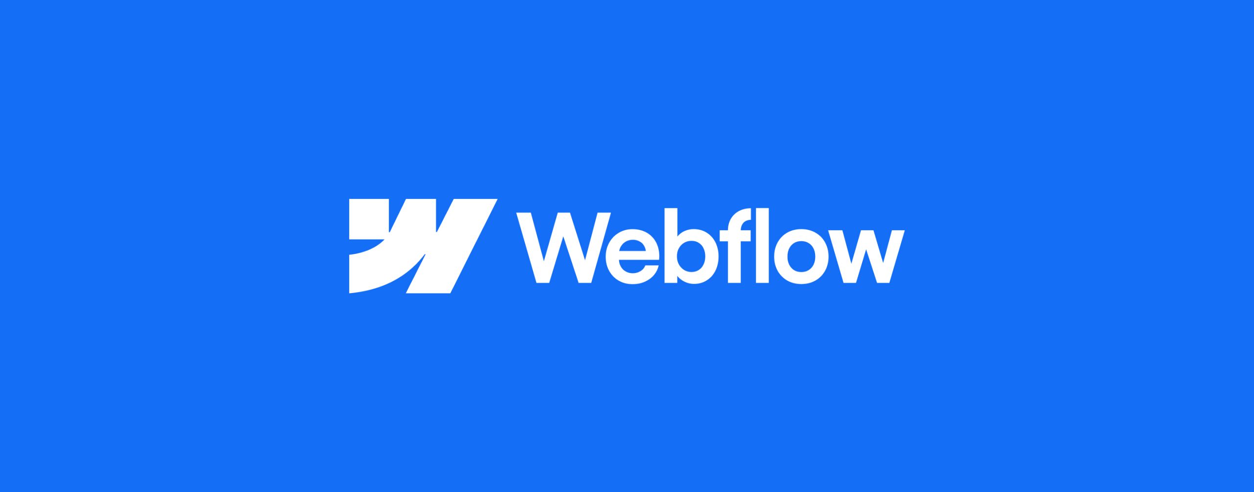 Webflow logo on a bright blue background, featuring a bold white stylised W icon to the left of the word Webflow in a modern font.