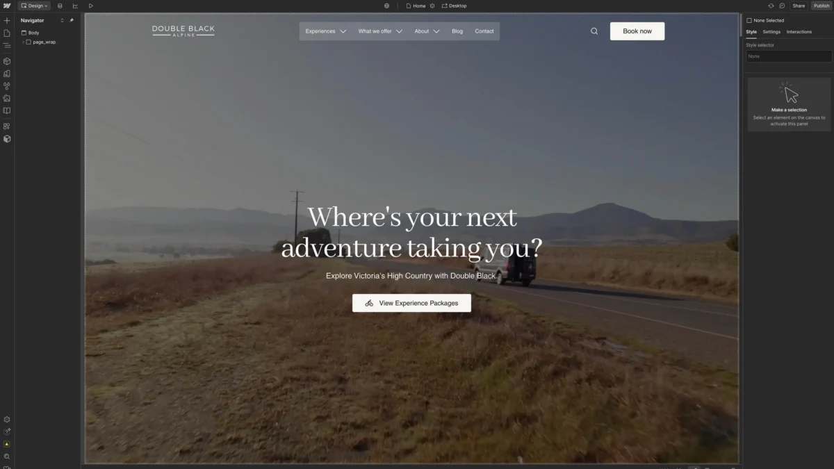 Screenshot of a travel website hero section with mountain scenery in the Webflow editor.