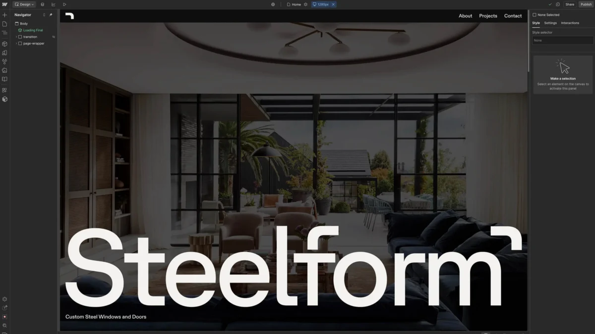 Webflow Designer displaying a minimalist architectural website hero section.