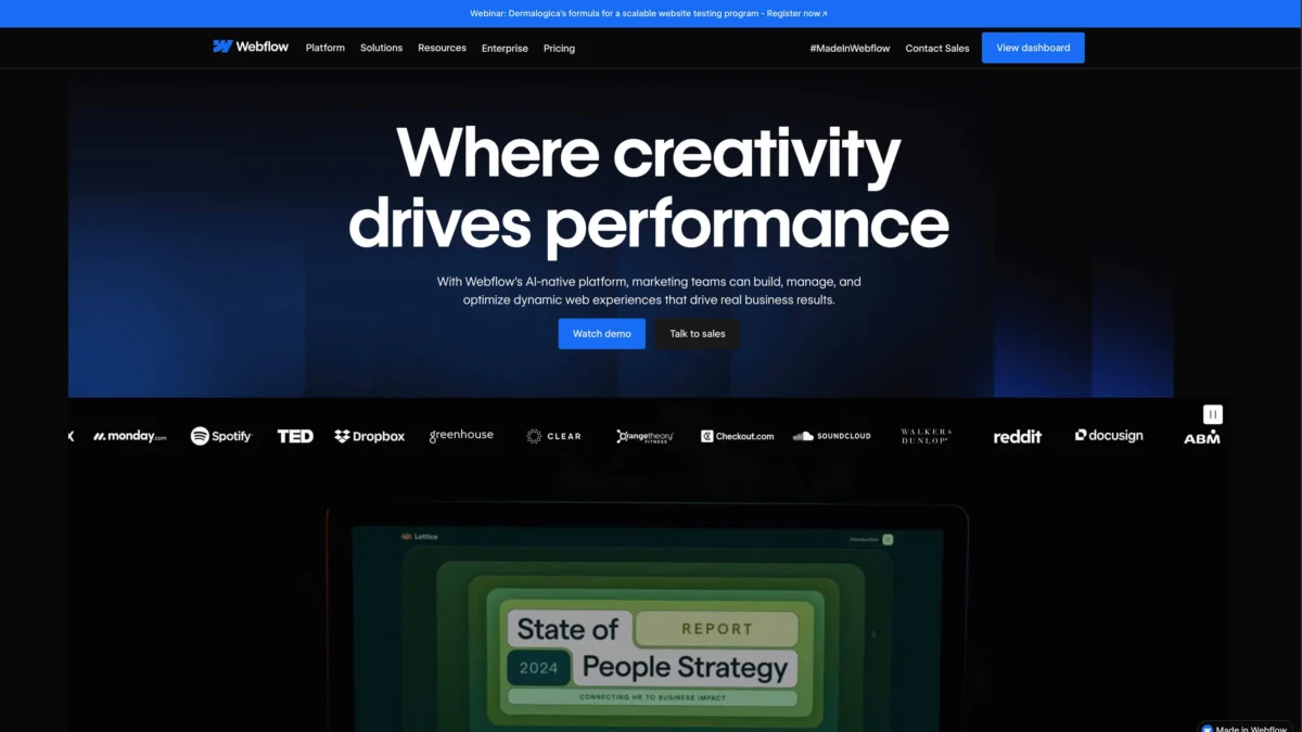 The Webflow homepage featuring the headline "Where creativity drives performance."