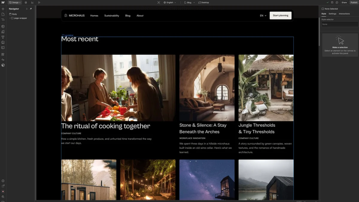 Webflow Designer view of a CMS-powered blog post grid with lifestyle photography.