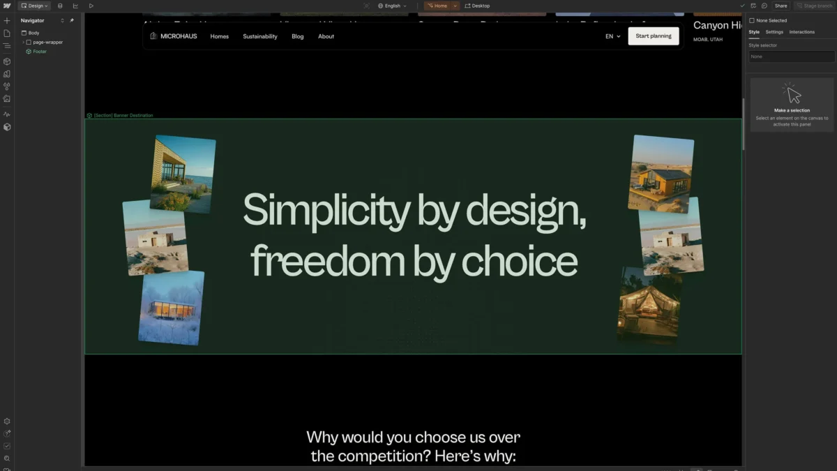 Webflow interface showing a dark green banner with various landscape thumbnail overlays.