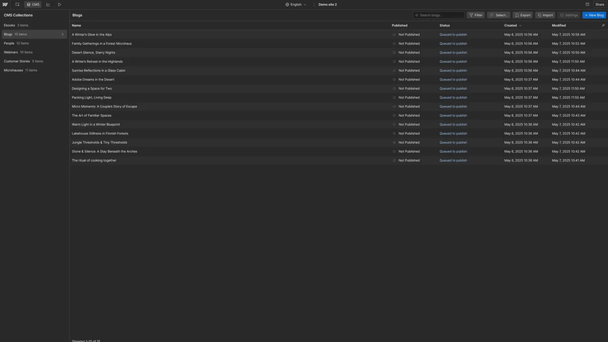 Webflow CMS backend interface showing a list of blog post collection items.