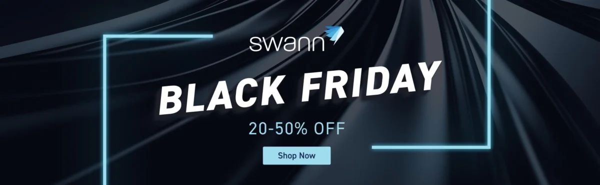 A digital banner for a Swann Black Friday sale offering 20-50% off with a "Shop Now" button.