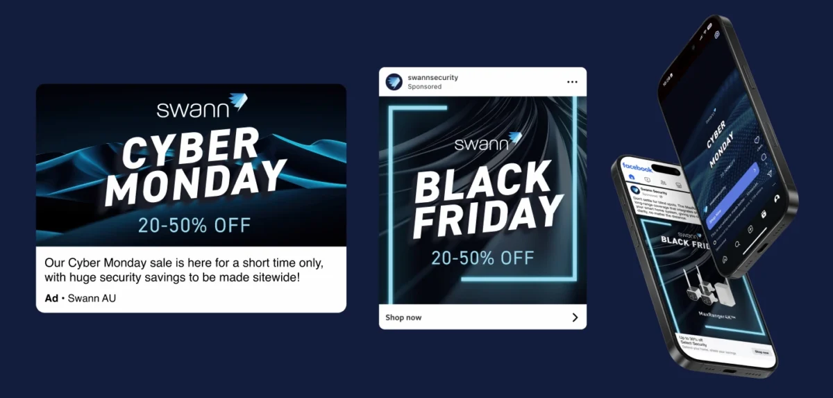 A collection of Swann security promotional ads for Cyber Monday and Black Friday displayed on social media feeds and mobile devices.