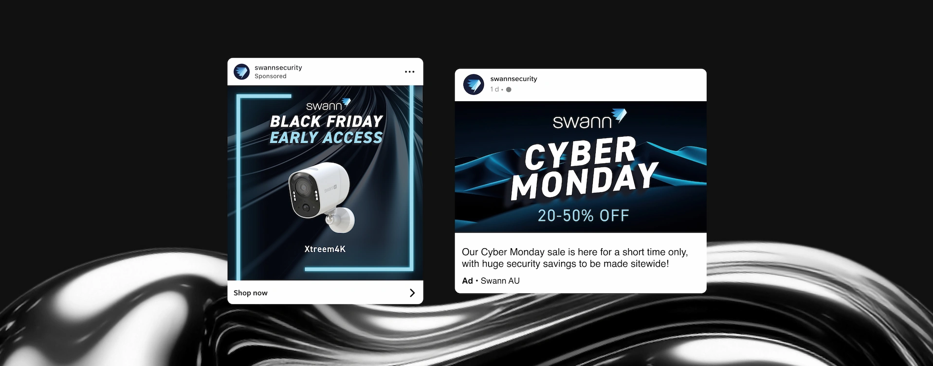 Two social media ad mockups for Swann security products featuring Black Friday early access and Cyber Monday deals.