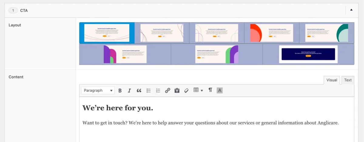 A WordPress backend editor showing a two-column layout for image and text content.