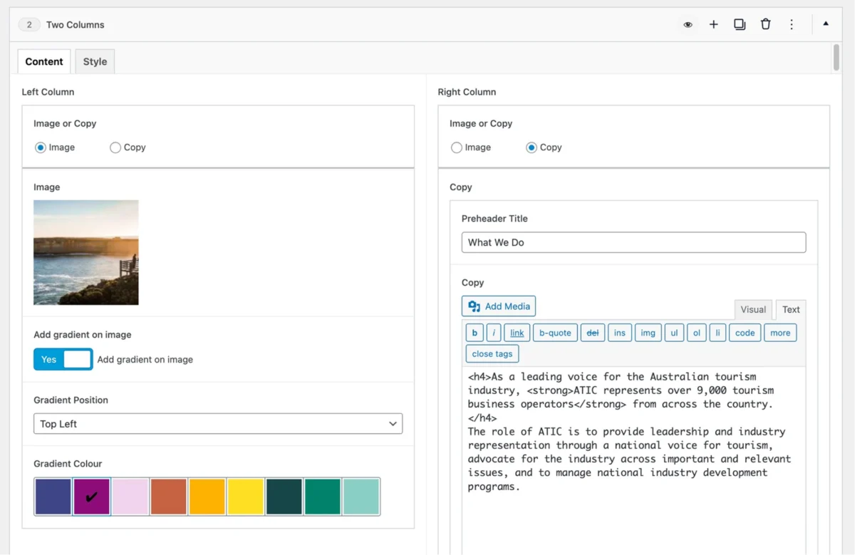 A WordPress interface for selecting call-to-action layout styles and editing text.